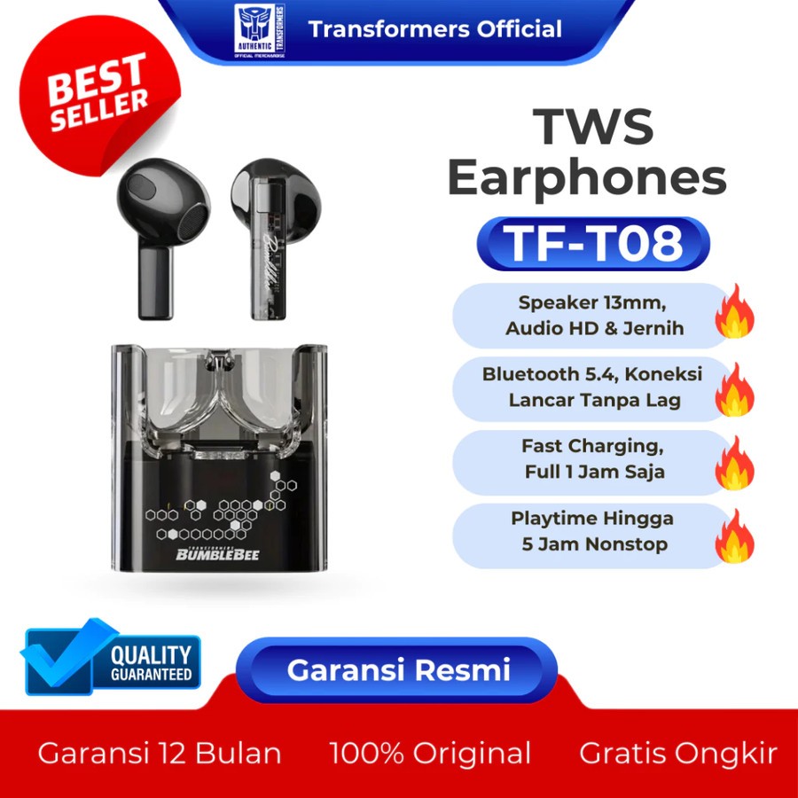 EARPHONE TRANSFORMERS TF-T08 TWS EARBUDS BLUETOOTH 5.4 - HEADSET GAMING - HEADSET WIRELESS - HEADSET