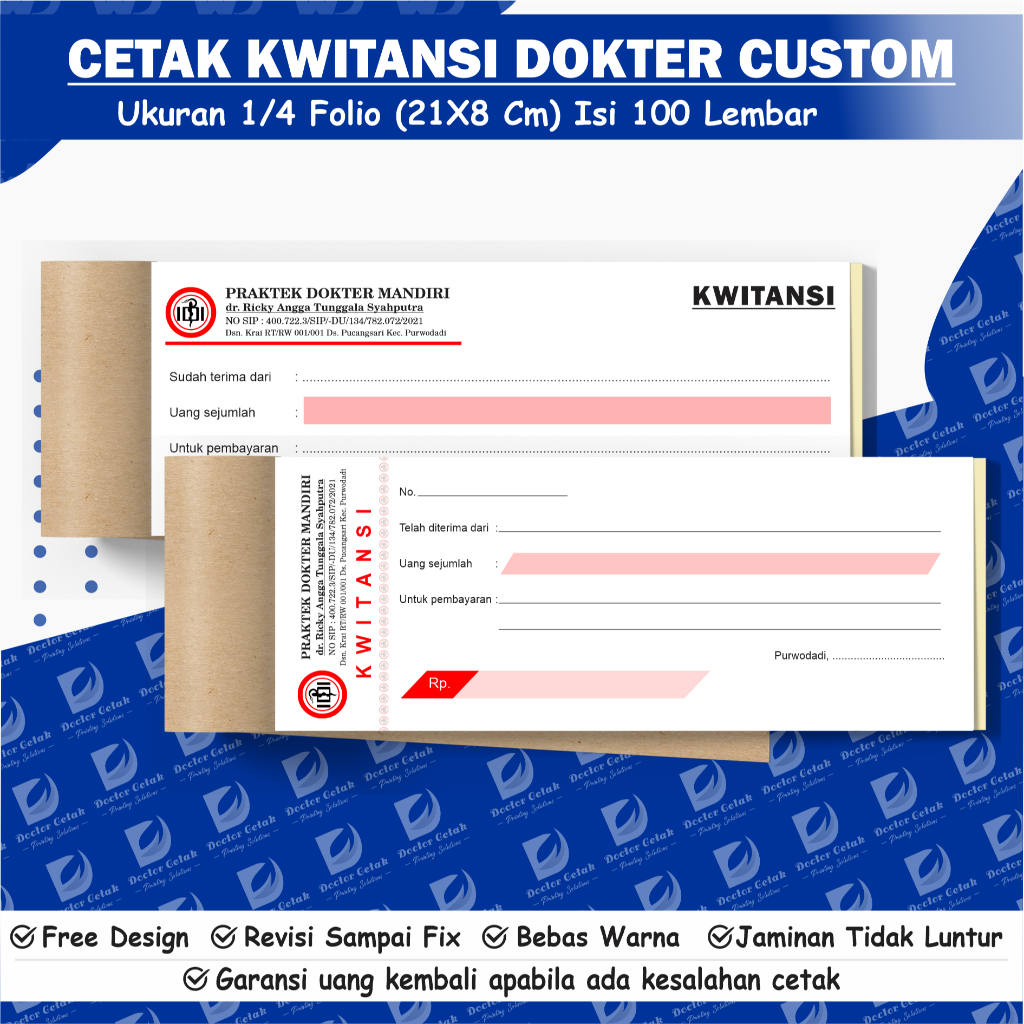 Cetak kwitansi dokter custom 1/4 folio