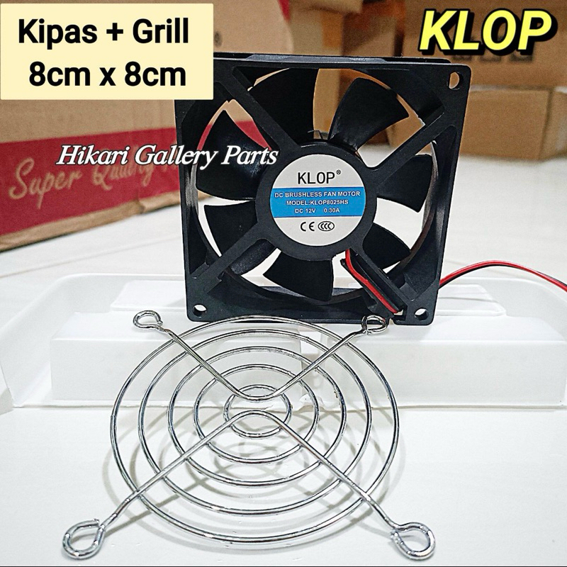 Fan DC 12volt 8cm + Grill 8x8 cm + soket / Fan DC KLOP dan Grill 8cm