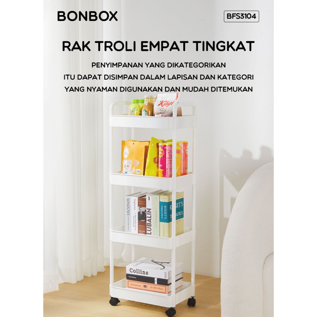 BONBOX Rak Troli Plastik 3 Susun 4 Susun Dengan Roda Rak Kamar Mandi Rak Dapur Rak Penyimpanan