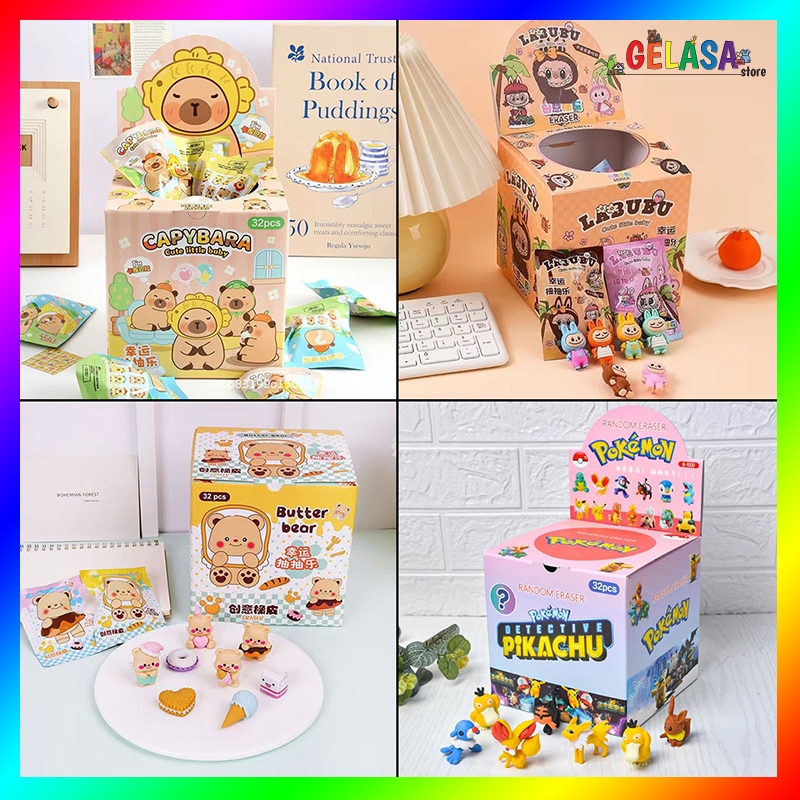 

Gelasa Mystery Blind Bag Penghapus Eraser Labubu Butter Bear Capybara Lotso Pokemon