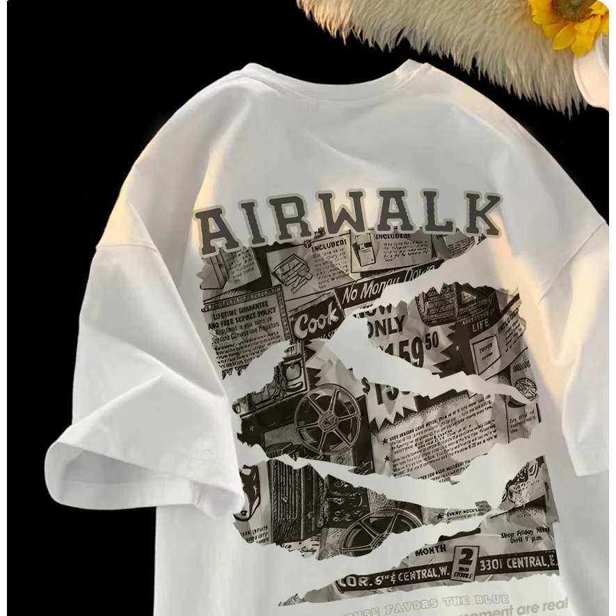 Kemeja lengan pendek trendi warna putih motif sobek ala koran "AIRWALK" | Kaos Santai | Kemeja lenga