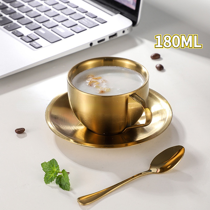 (Cangkir 180ml + Tatakan Gelas + Sendok) Cangkir Kopi 1 Set Material Stainless Steel 304 Double Wall