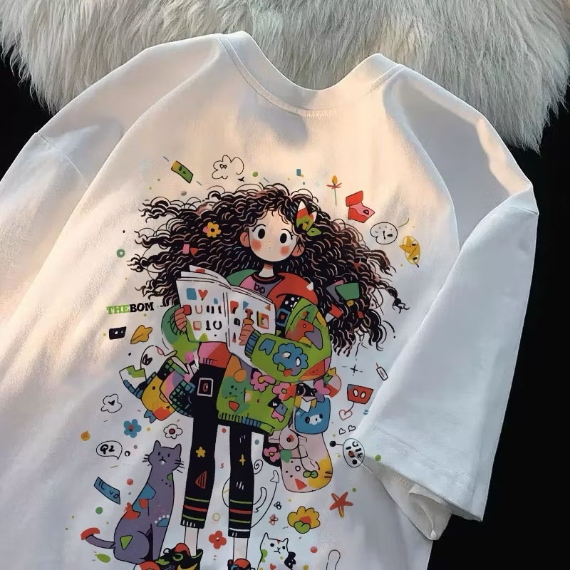 T-Shirt Kaos Lengan Pendek Korea Oversize | Pola Kartun Anak Cewek | Unisex 100% Cotton