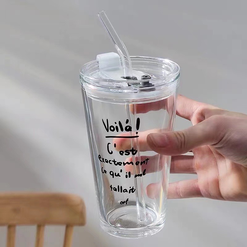 [gojocasa] Voila Gelas Tumbler Kopi Kaca dengan Tutup Glass Mug Transparan Teks Tulisan Aesthetic Ko