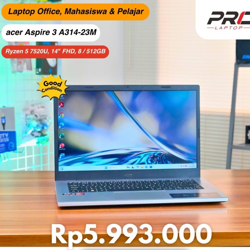 Acer Aspire 3 A314-23M, AMD Ryzen 5-7520U, 8/512GB, Layar 14"HD