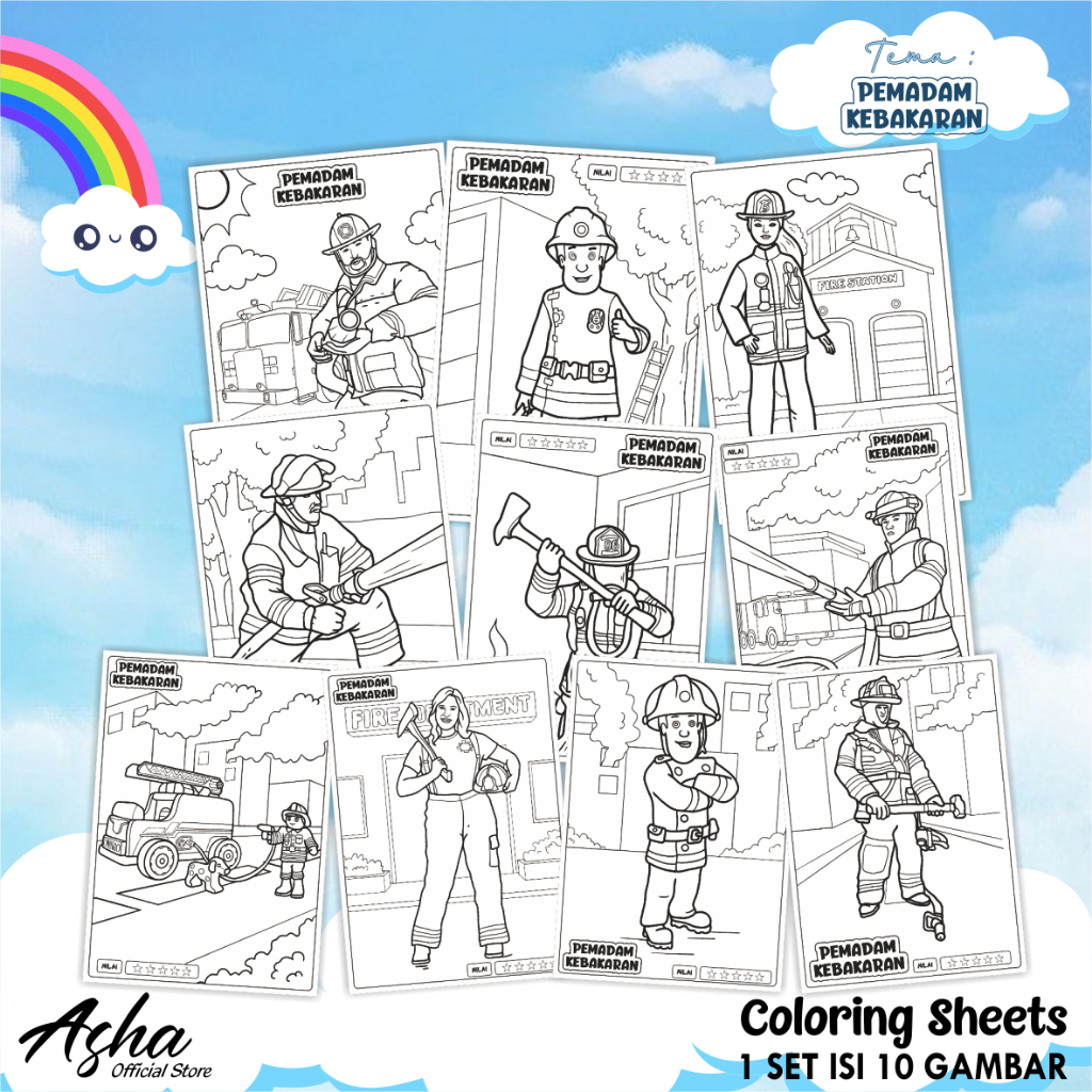 

KERTAS GAMBAR UNTUK ANAK - LEMBAR MEWARNAI ANAK 1 SET ISI 10 GAMBAR PEMADAM KEBAKARAN UKURAN A5