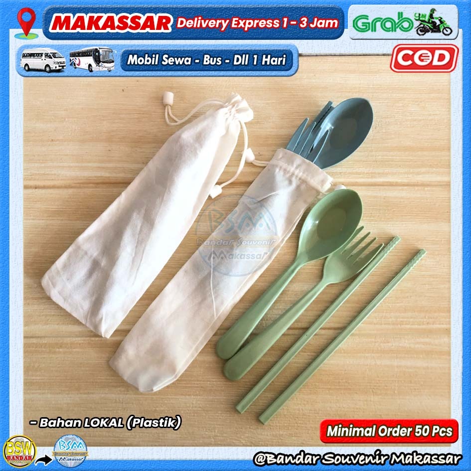 ( min.order 50 pcs ) Souvenir Sendok Garpu Sumpit LOKAL Set Travel Kemas POUCH BLACU Makassar Manado