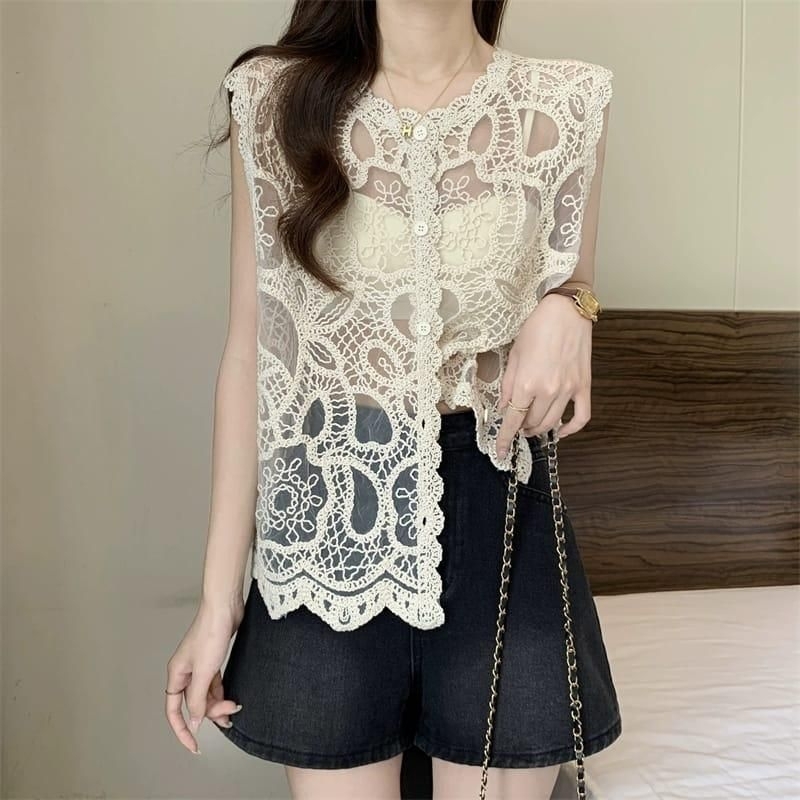 37990 Atasan Pakaian Baju blus blouse lengan pendek brokat chrochet bordir modis keren koreanlook im