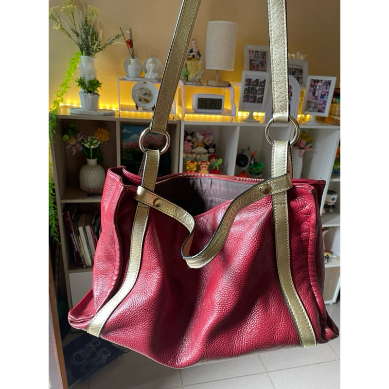 preloves tas kulit merah gold