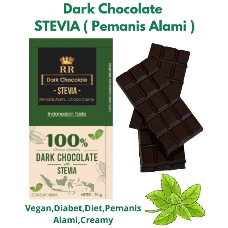 

Dark Chocolate 100% STEVIA ( Pemanis Alami) Netto 70gram. Vegan,Diet,Diabet!