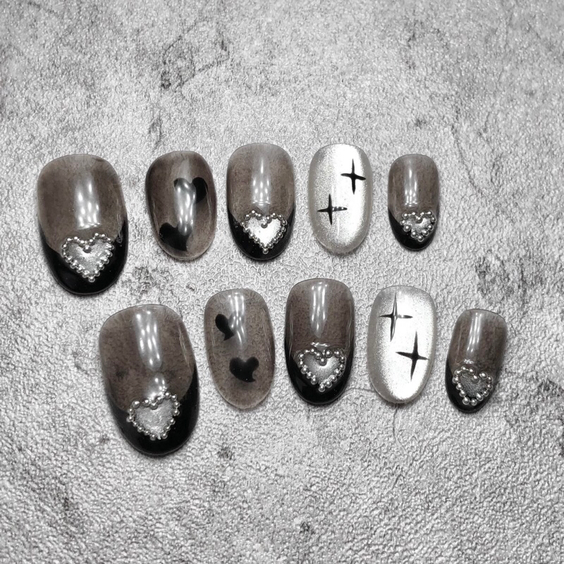 [Nailuxeid] BLACK HEART TRANSPARENT FAKE NAILS | CUSTOM FAKE NAILS MADE BY ORDER