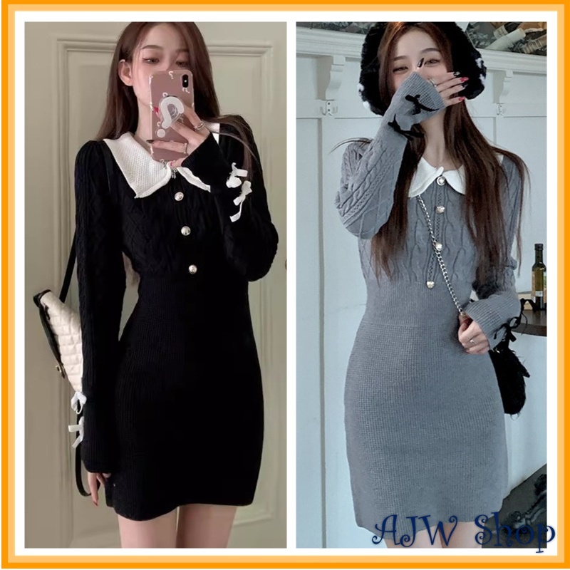 AJW Dress Rajut Woll Variasi Kancing Lengan Panjang STA | Long Dress Knit Tebal Premium | Dress Wani