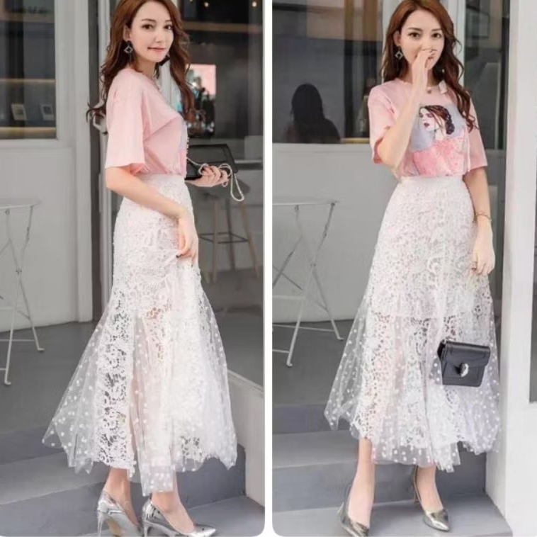 9980 Rok panjang midi skirt GESSICA LACE PATCHWORK SKIRT Lace brokat bordir hitam putih Korean style