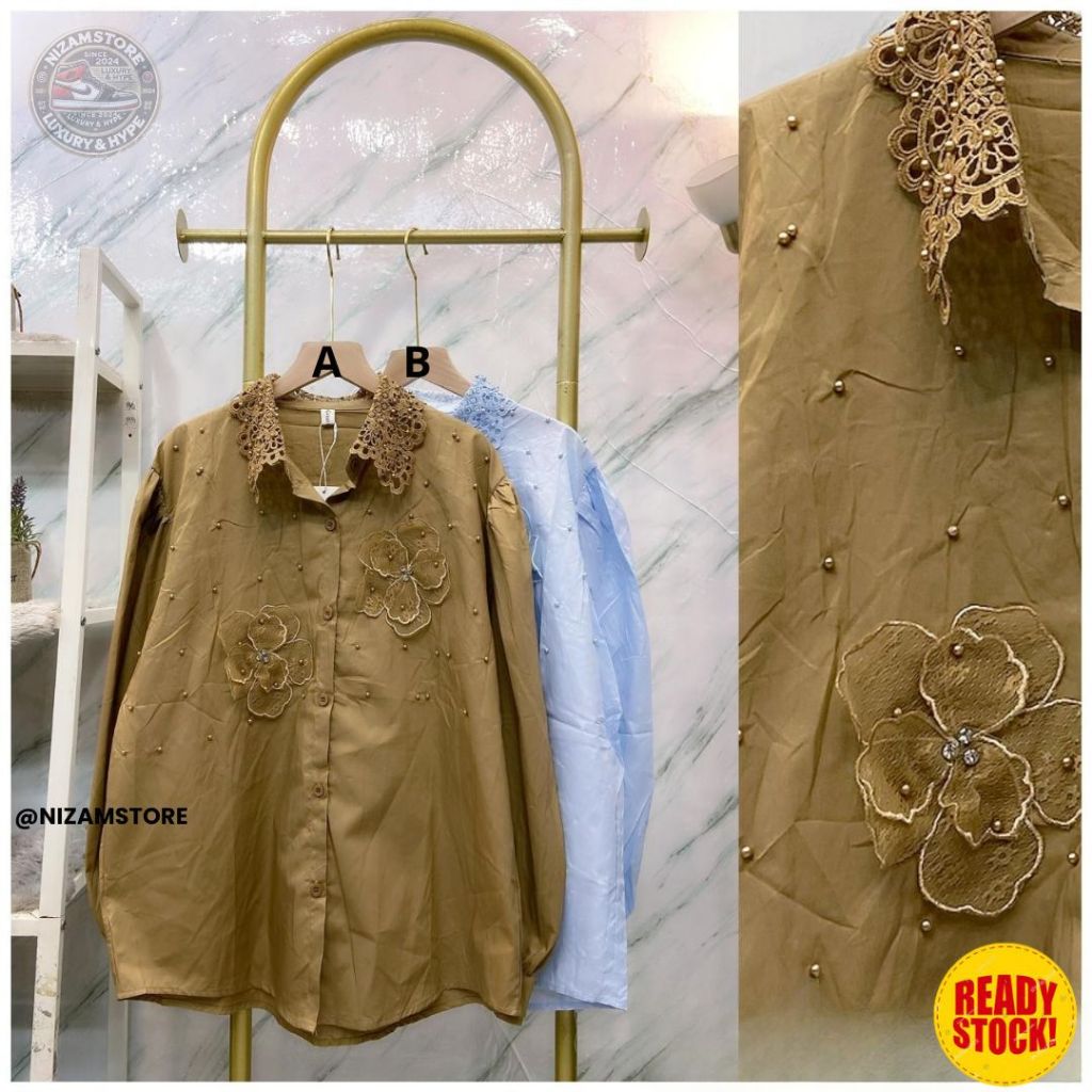 Blouse wanita Katun Mute Lengan Panjang Aksen Bordir Bunga & Mutiara