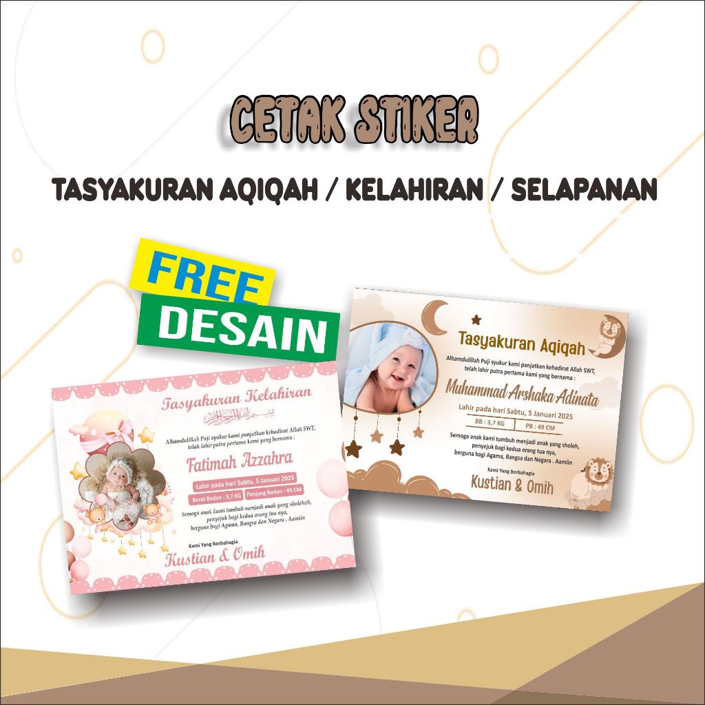 

Cetak Stiker Tasyakuran Aqiqah / Kelahiran / Selapanan