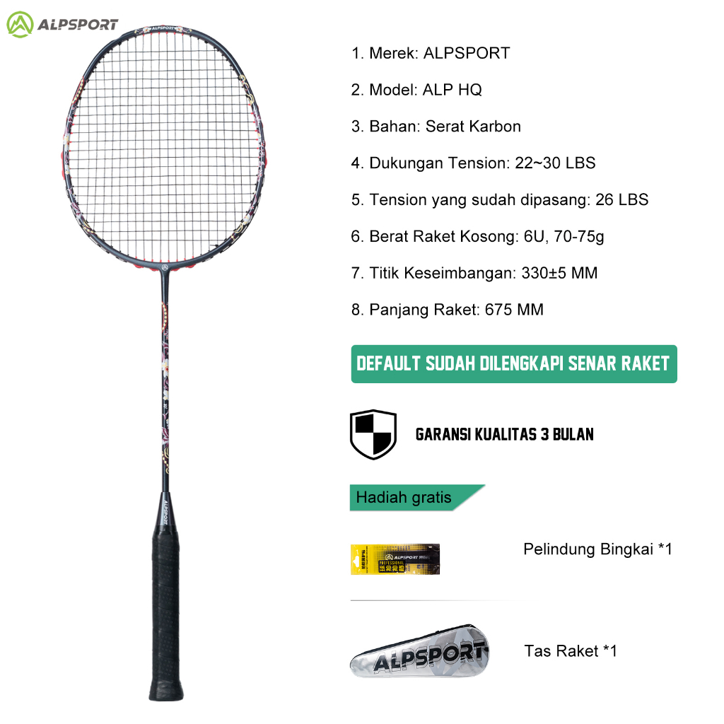 ALPSPORT New HQ Jepang Ukiyo-e Grafiti Cat Semprot 6U Max 35LBS Raket BuluTangkis Hitam Strung Black