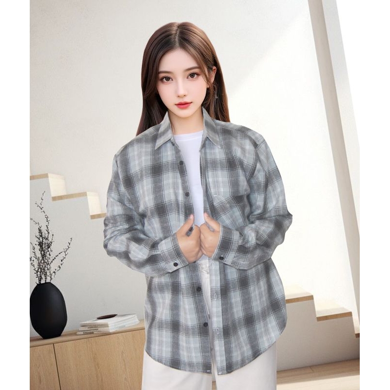 Kemeja Flanel Abu Abu Pria Wanita Lengan Panjang Kasual