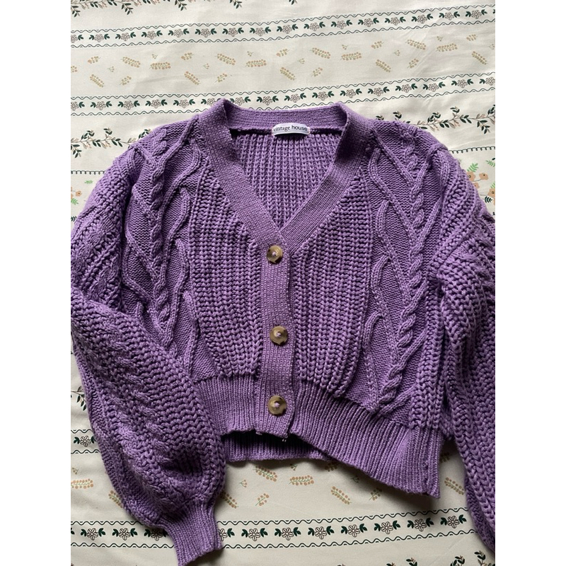 Cable Knit Oversized Cardigan Handmade Lilac by Vintage House - Preloved Sweater Rajut Handmade