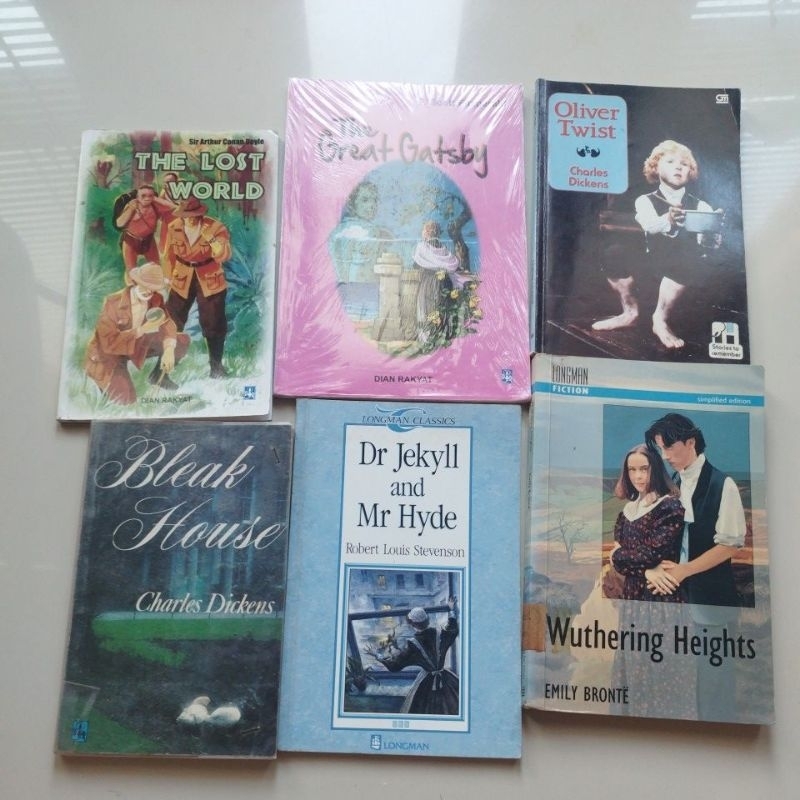 great Gatsby, Oliver twist, lost world, wuthering heights, Dr. Jekyll, bleak house