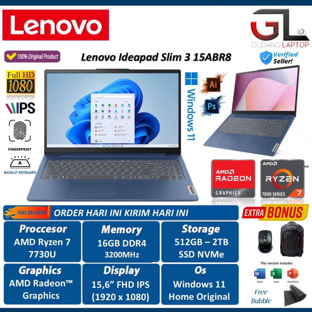 Laptop Lenovo Ideapad Slim 3 15 Ryzen 7 7730U 16GB RAM 1TB SSD 15.6 Inch FHD IPS Windows 11