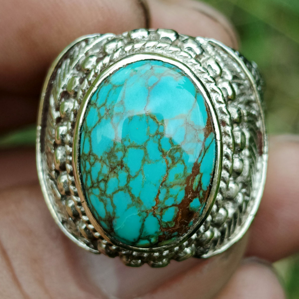 Batu Natural Pirus Hubei Hijau Toska Urat Spiderweb Full Jaring Laba Bodyglass Dim-18 RIng Keren