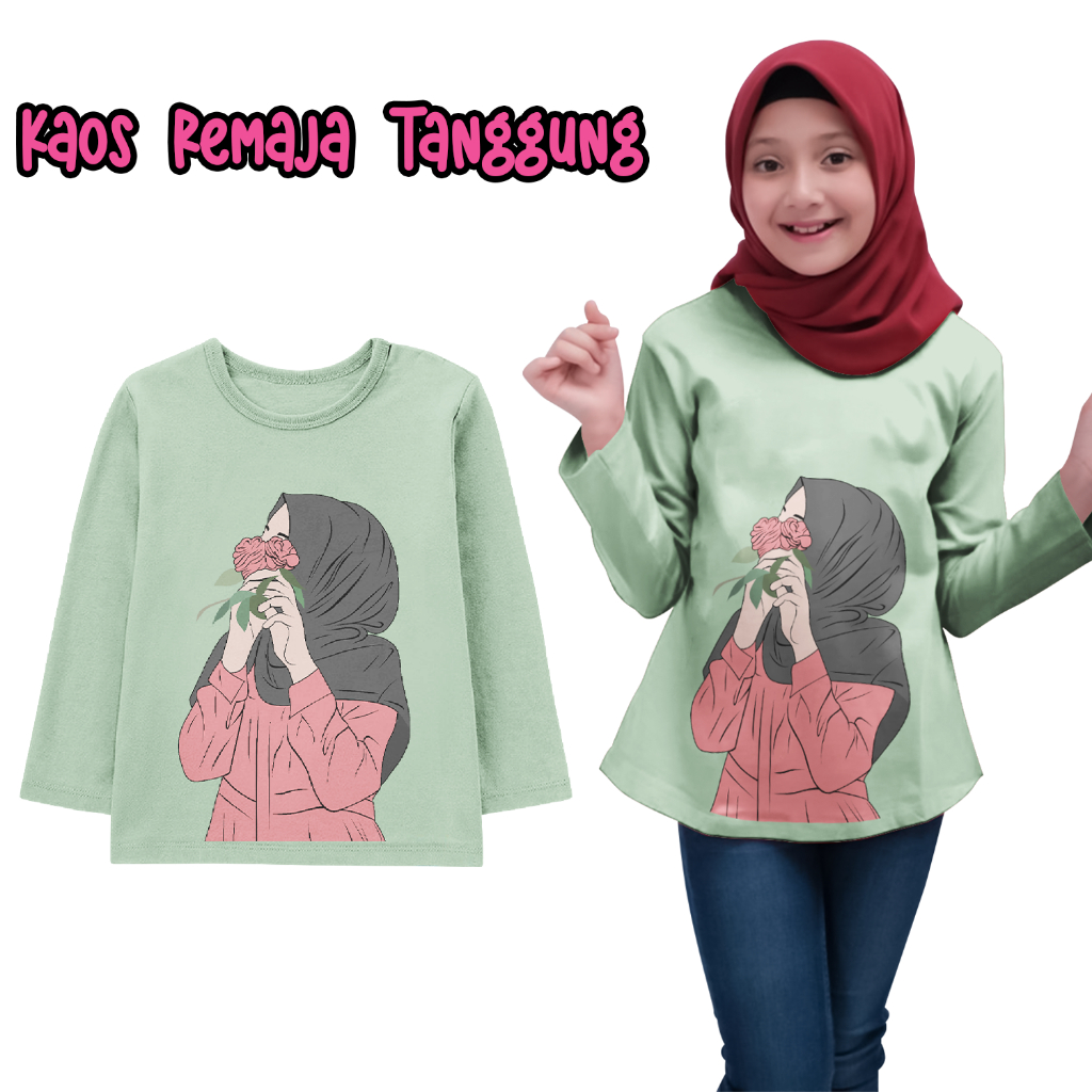Kaos Perempuan Hijab Remaja Tanggung Lengan Panjang Motif Muslim Warna Green Mint
