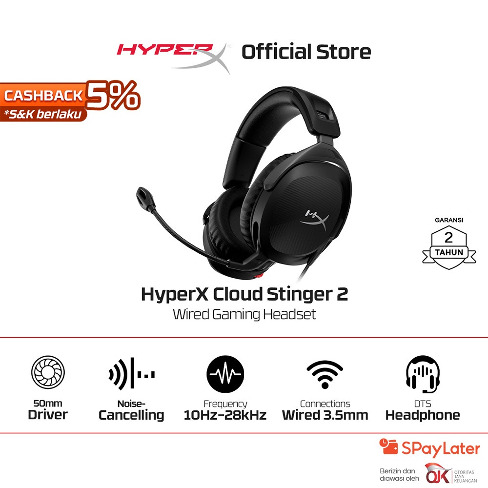 HyperX Headset Gaming Cloud Stinger 2 - Black Wired Noise Cancelling Spatial Audio Rotatable Leather