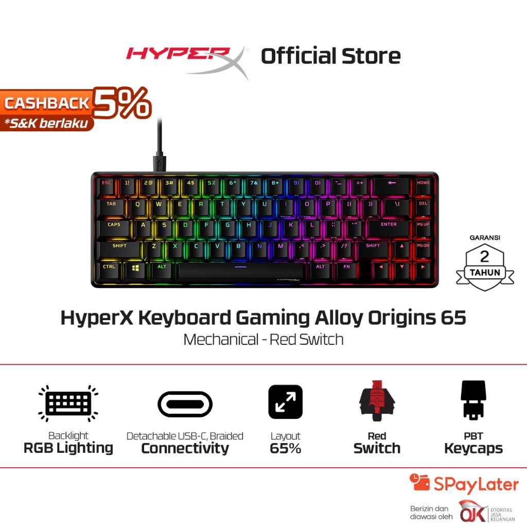 HyperX Keyboard Gaming Alloy Origins 65 65% Compact Wired Red / Aqua Mechanical Switch Aluminium PBT