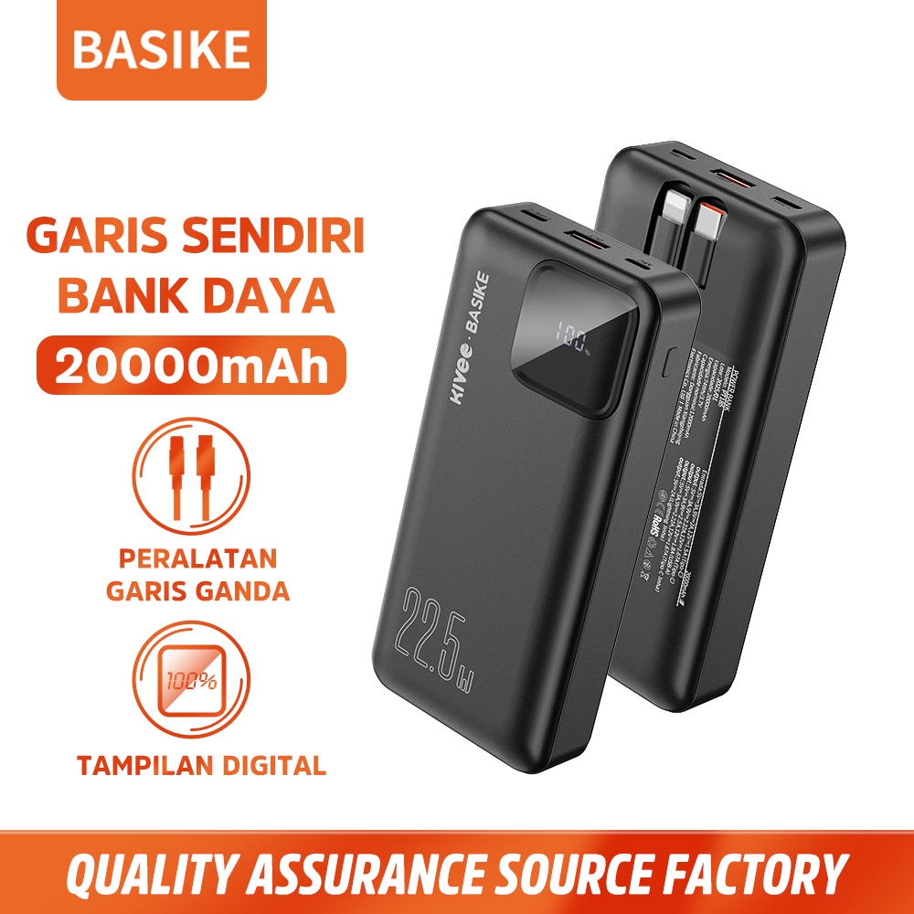 BASIKE Powerbank 20000 mah Fast Charging 22.5W Murah Mini LCD with Kabel Data Type C Lightning