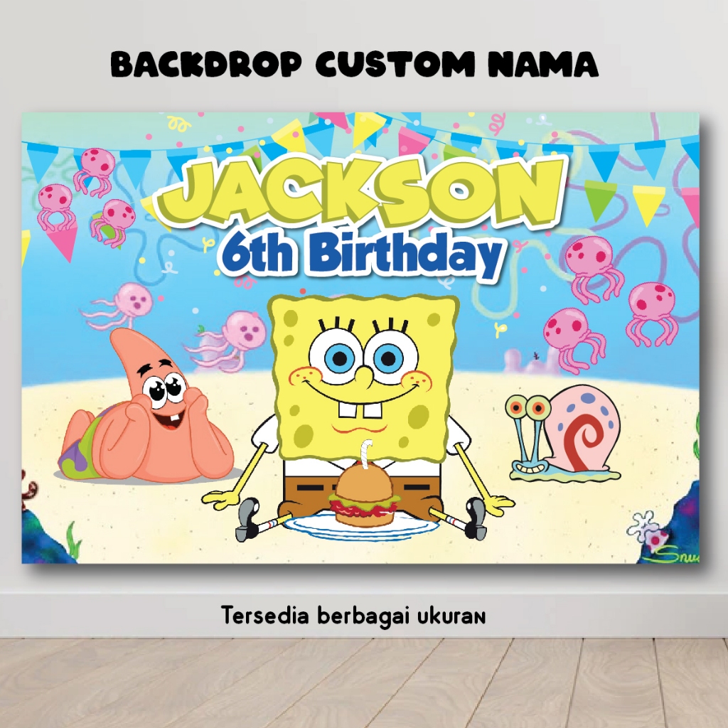 BACKDROP SPONGEBOB SQUAREPANTS BIRTHDAY BACKGROUND ULANG TAHUN BANNER WALLPAPER DEKORASI ULTAH HBD H