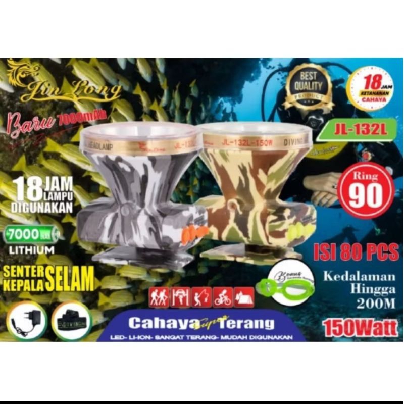 jinlong jl-132l loreng senter kepala menyelam cahaya putih 150watt tahan hingga 18jam