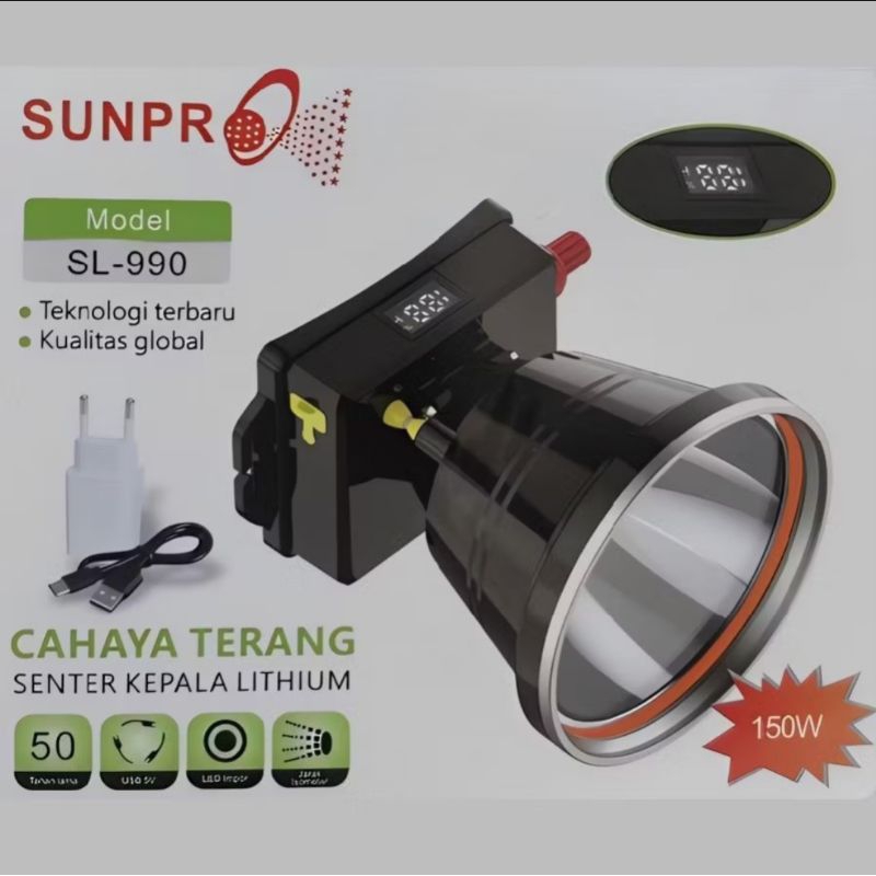 sunpro s-990 senter kepala jumbo cahaya putih 150watt tahan hingga 50jam
