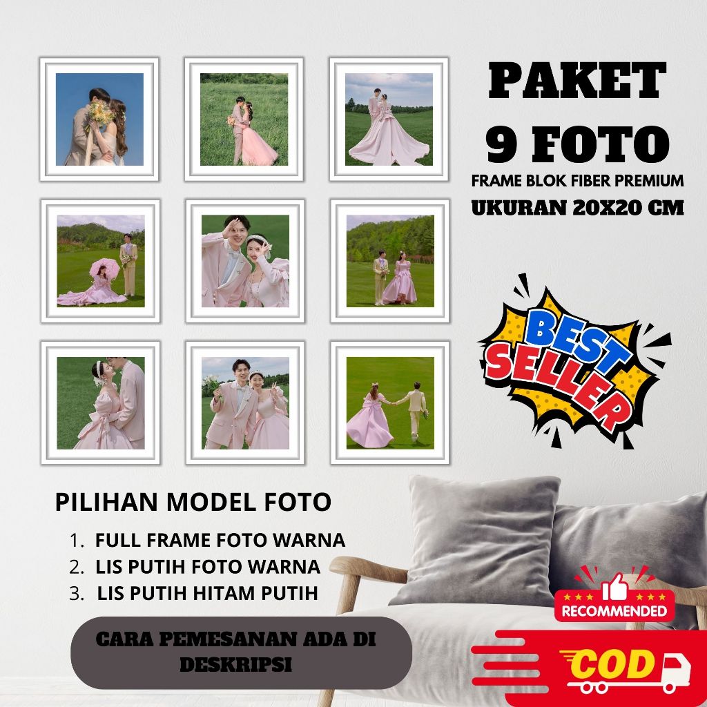 PAKET 9 FOTO + BINGKAI/FRAME BLOK FIBER PREMIUM UKURAN 20X20 CM CUSTOM
