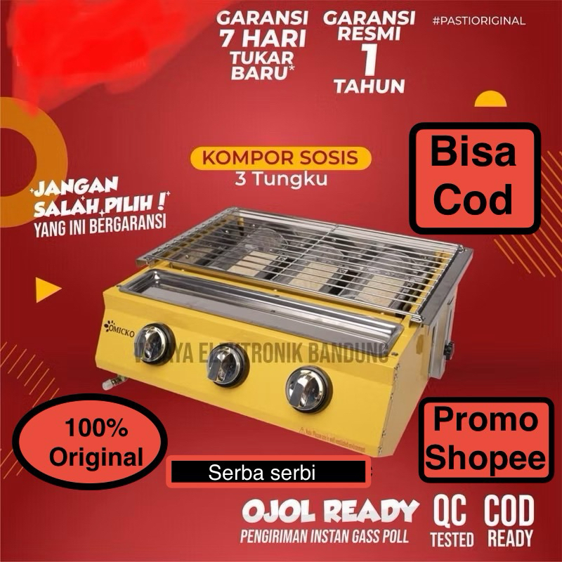 Kompor panggangan sosis Omicko 3 tungku kompor sate bakar BBQ kompor panggangan sosis sate gas roast