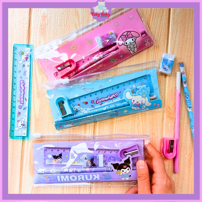

Set Alat Tulis Sekolah Karakter Motif Sanrio Free Pouch 5 in 1 Lucu Cute Stationery