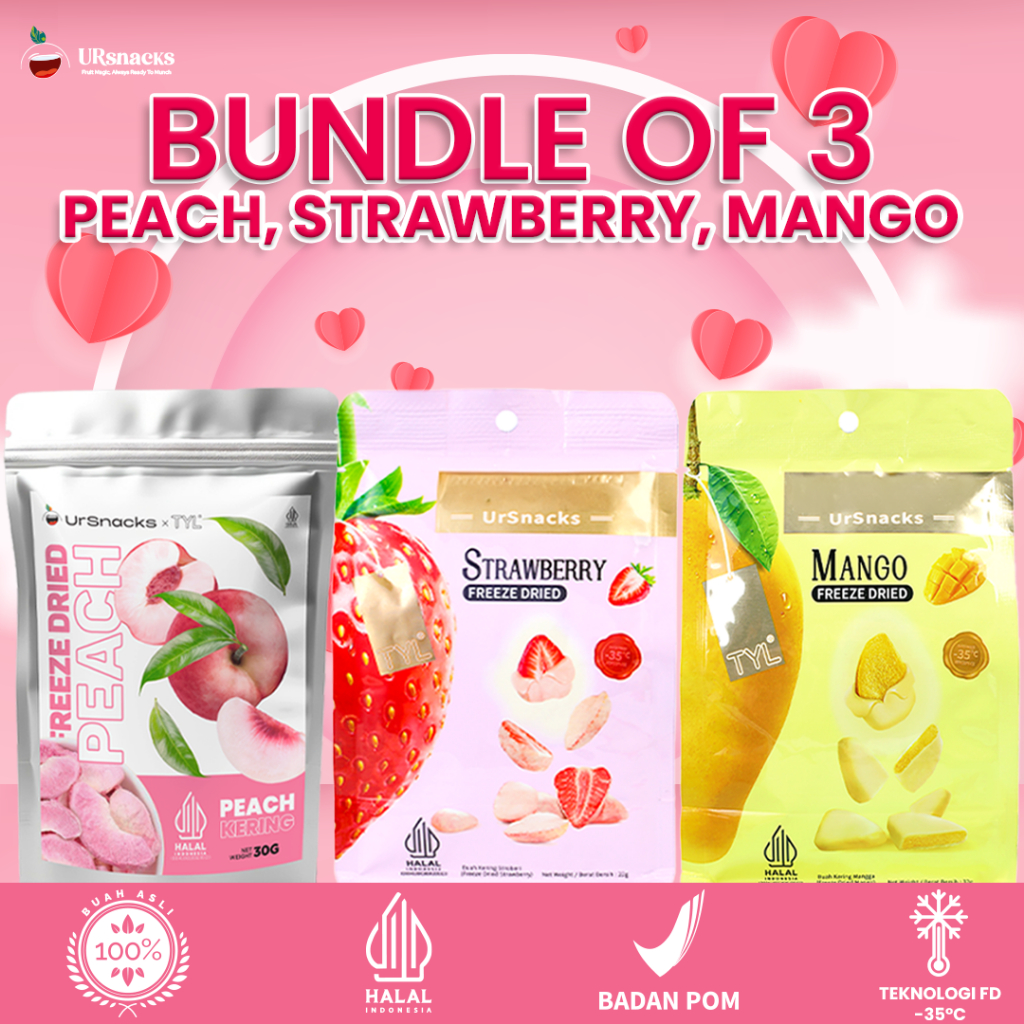 

URSNACKS Bundle Of 3 - Freeze Dried Keripik Buah Peach + Strawberry + Mangga