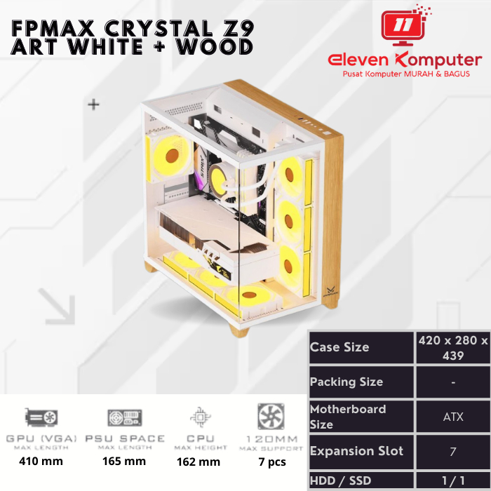 Casing PC Gaming / PC Case FPMax Crystal Z9 Art White + Wood - no PSU no Fan