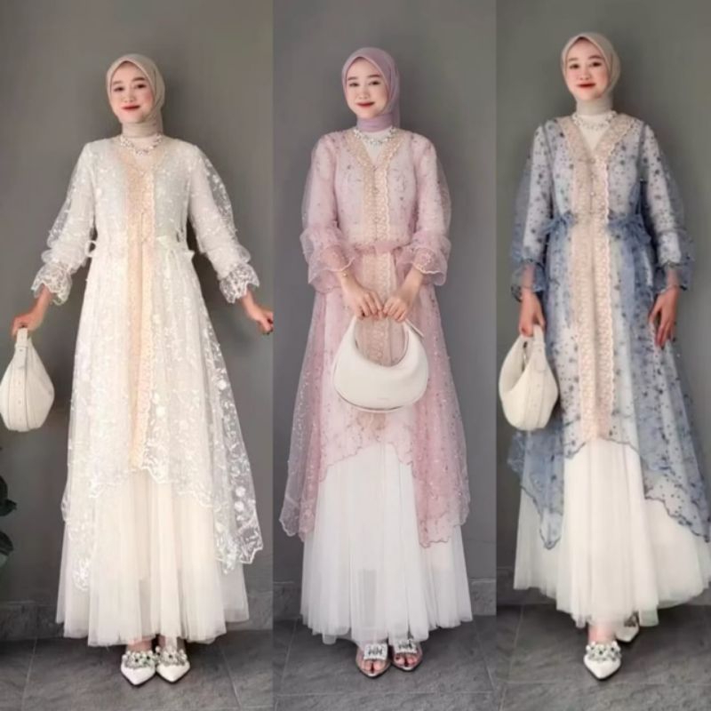 Raya Dress Satu Set Inner Outer Dan Rok Tutu Gamis Pesta Mewah Elegan