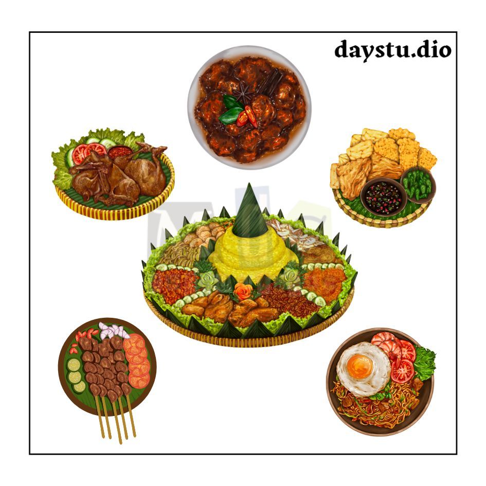 

STIKER MAKANAN KHAS INDONESIA - SET MENU LAUK RENDANG NASI KUNING PECEL LELE TAHU TEMPE
