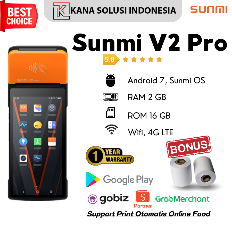Mesin Kasir Sunmi V2 Pro 2/16GB WiFi + 4G