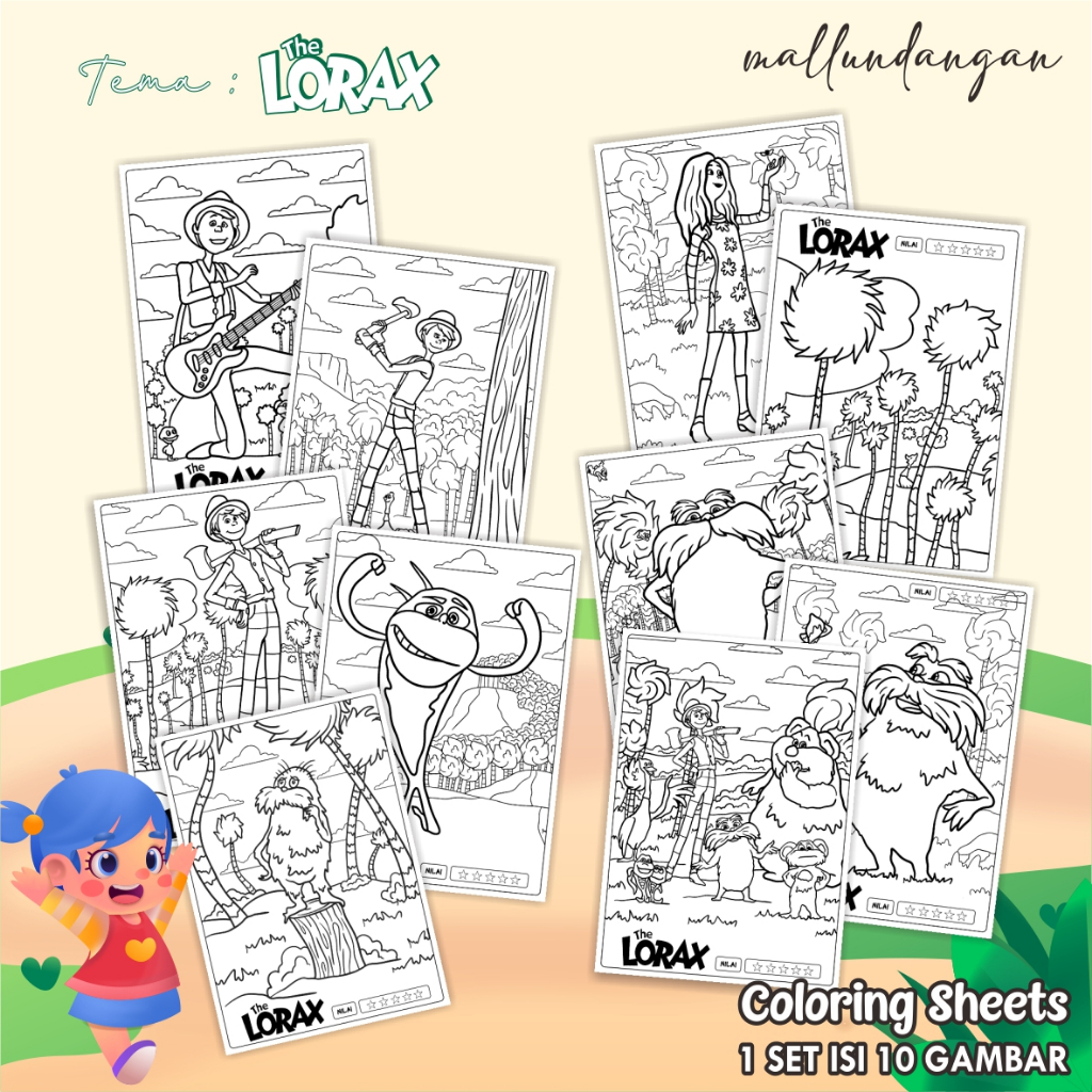 

LEMBARAN MEWARNAI ANAK A4 - KERTAS GAMBAR UNTUK ANAK TEMA THE LORAX - PAPER COLORING SHEETS FOR KIDS