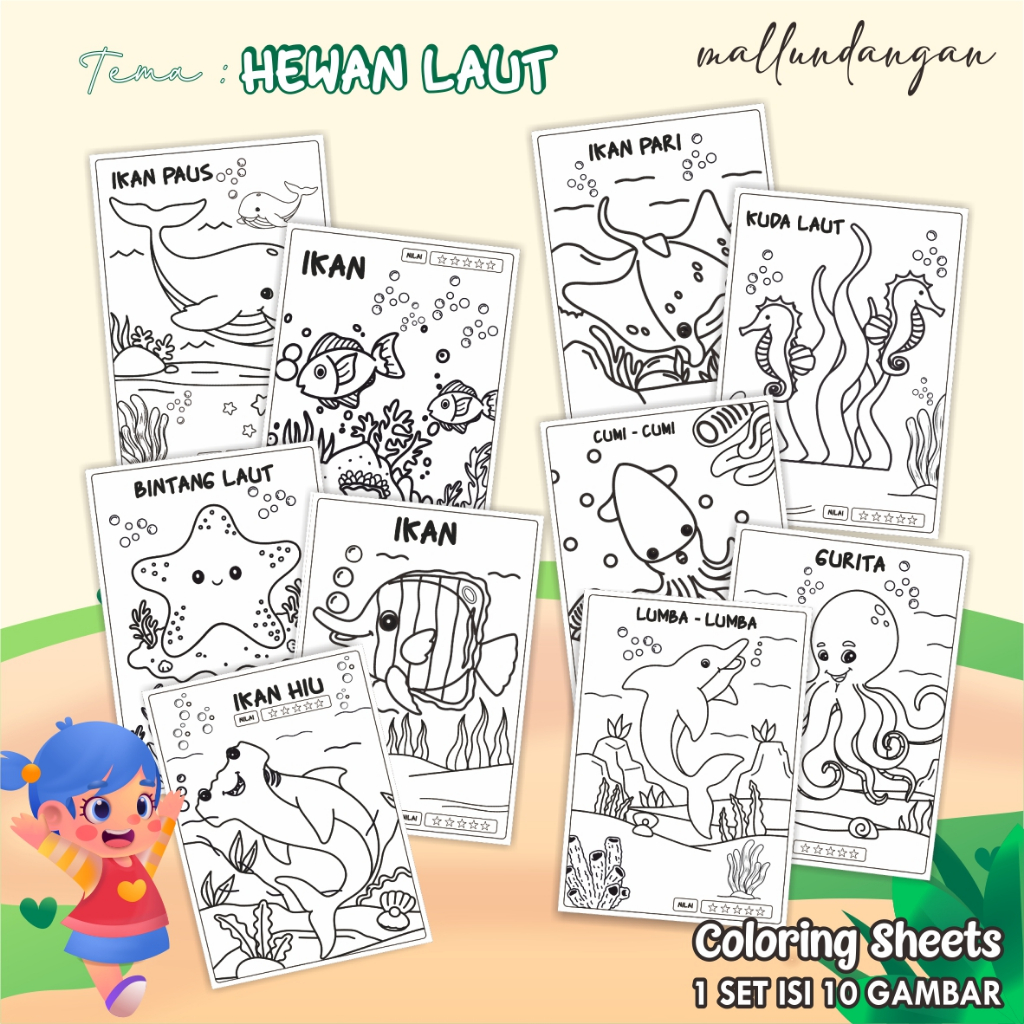 

LEMBARAN MEWARNAI ANAK A4 - KERTAS GAMBAR UNTUK ANAK TEMA HEWAN LAUT - PAPER COLORING SHEETS FOR KIDS