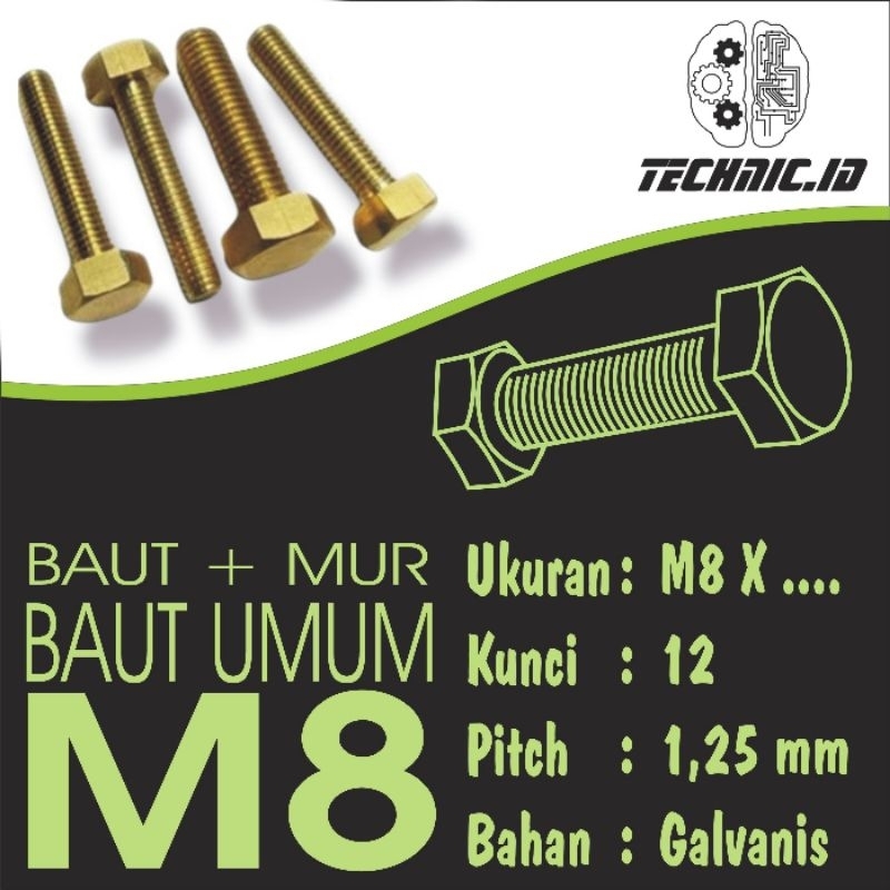 Baut Hexagonal, baut hex, baut biasa, baut M8 drat 1,25 , baut kunci 12 drat halus bermacam ukuran p