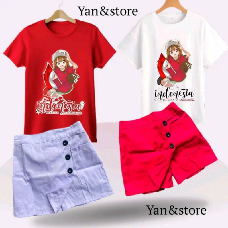Setelan Rok Celana Rocela Edisi Kemerdekaan Anime Merah Putih untuk Cewek Fashion Perempuan Anak Pak