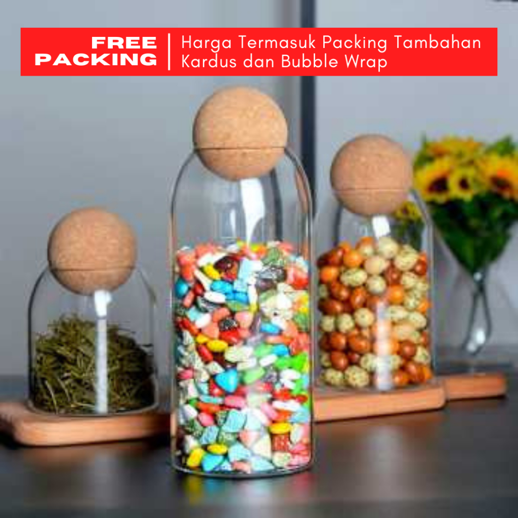 Toples Kaca Unik Tutup Bola Kayu / Wadah Tempat Penyimpanan Gula Teh Kopi Tepung Bumbu Dapur – Coffe