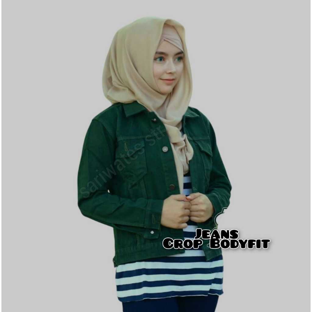 Jaket Jeans Wanita Army Crop Jacket Denim Cewek Hijau Bodyfit