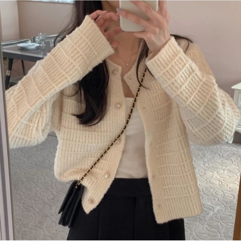 HMH Cardigan Crop Wol Rajut Premium Korean Style WCF |  Atasan Crop Top Ruffle Casual Knit Premium |