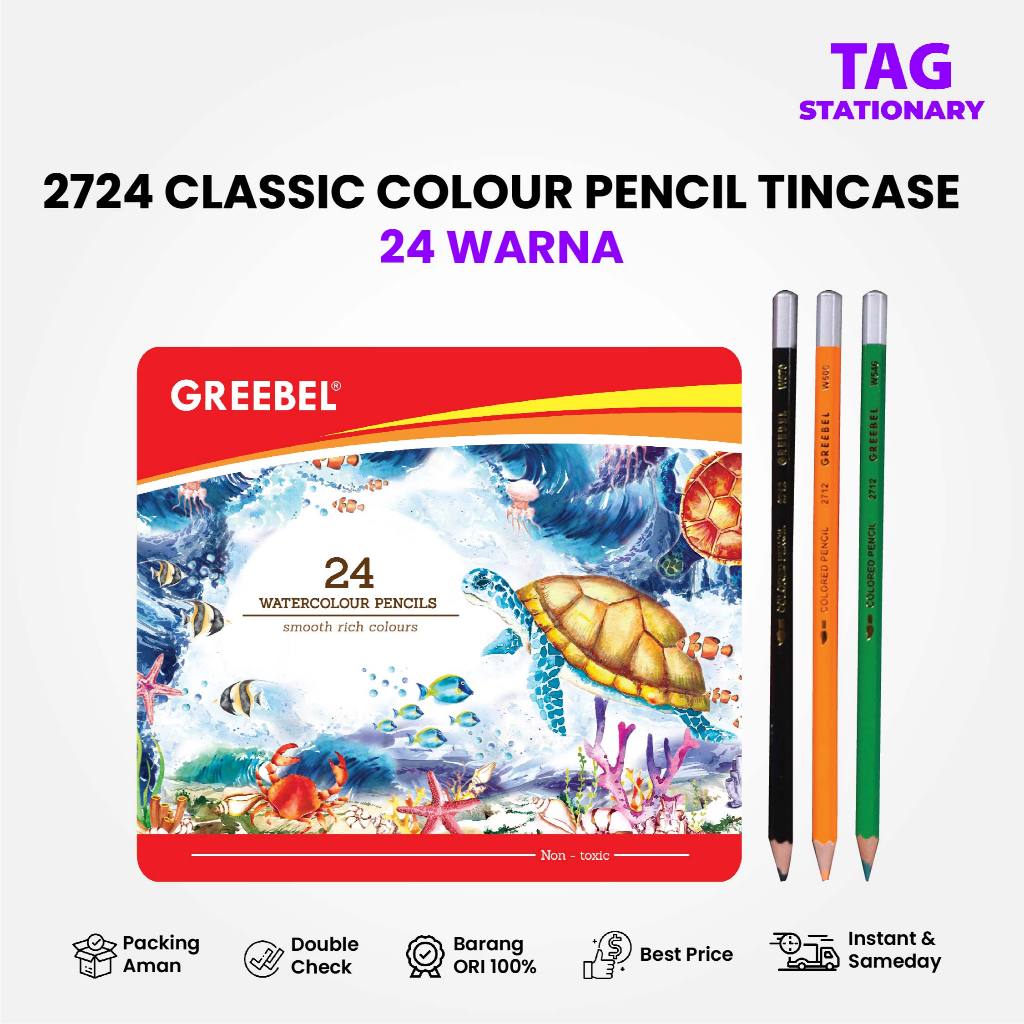 GREEBEL Pensil Warna / Isi 24 Warna / 2724 WATER COLOUR PENCIL TIN CASE / Timur Agung Grosir