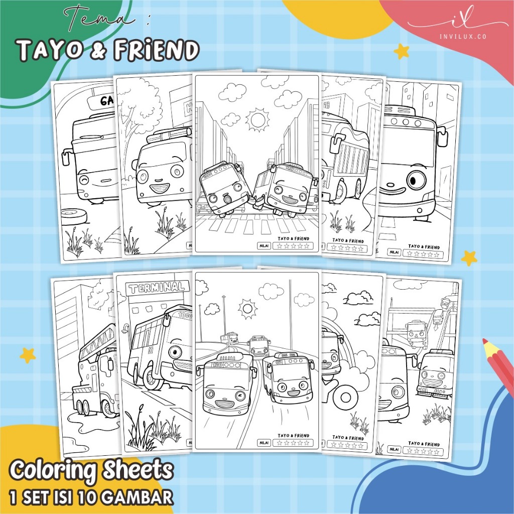 [TAYO AND FRIEND] KERTAS GAMBAR UNTUK ANAK - LEMBAR MEWARNAI ANAK 1 SET ISI 10 LEMBAR GAMBAR